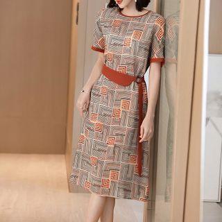 Patterned Short-sleeve Belted Midi A-line Dress