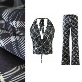 Halter-neck Plaid Camisole Top / Boot-cut Pants / Set