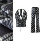 Halter-neck Plaid Camisole Top / Boot-cut Pants / Set