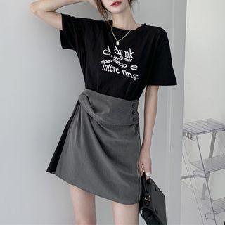 Short-sleeve Lettering T-shirt / Irregular Mini Skirt