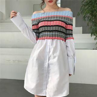 Off Shoulder Knit Panel Shirt Dress