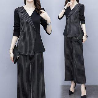 Set: Long-sleeve Striped Panel Peplum Blouse + Wide-leg Pants