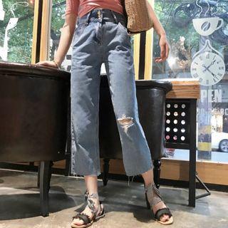 Cropped Straight-fit Ripped Jeans