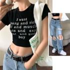 Short-sleeve Lettering Cropped T-shirt / High-waist Distressed Jeans