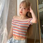 Off-shoulder Striped Cropped Knit Top Stripe - Multicolor - One Size