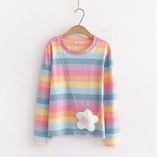 Long-sleeve Striped T-shirt Light Blue - One Size
