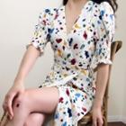 Printed V-neck Short-sleeve Lace-up Dress