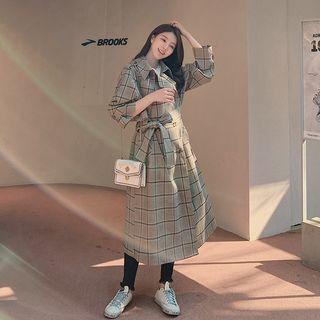 Long-sleeve Double Breasted Plaid Midi Dress