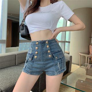 High-waist Button Denim Hot Pants