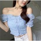Puff-sleeve Lace-up Blouse Sky Blue - One Size