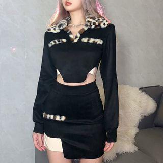 Set: Leopard Print Fluffy Panel Cropped Sweatshirt + Mini Pencil Skirt