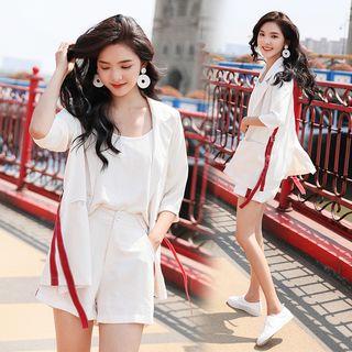 Set: Elbow Sleeve Single Buttoned Blazer + Camisole Top + Shorts