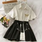 Set: Butterfly-embroidered Blouse + Open-front Asymmetric Mini Skirt With Chain