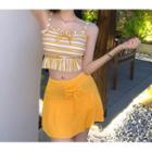 Spaghetti-strap Striped Ruffled Trim Lace-up Crop Top / Plain Lace-up Shorts Set - Yellow - One Size