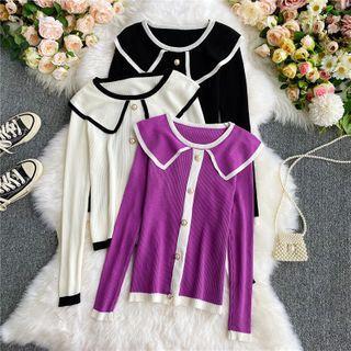 Contrast-trim Sailor-collar Long-sleeve Knit Top