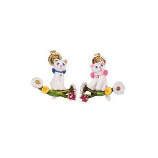 Fashion Cute Plated Gold Spring Enamel Cat Flower Stud Earrings With Cubic Zirconia Golden - One Size