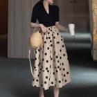 Set: Short-sleeve V-neck Top + Dotted Midi A-line Skirt