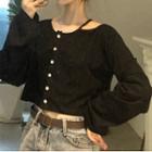 Long-sleeve Button-up Cut Out Cropped T-shirt