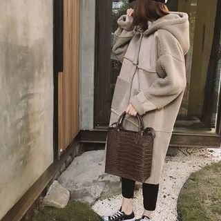 Plain Suede-leather Loose-fit Long Hooded Coat