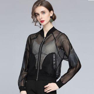 Long Sleeve Embroidery Mesh Zip Up Light Jacket
