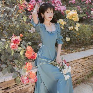 Puff-sleeve Frill Trim Mesh Panel Midi A-line Dress