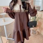 Long-sleeve Paneled Lace Trim A-line Dress