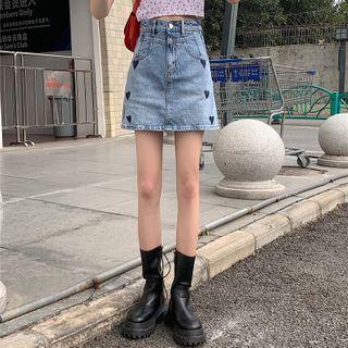Heart Print Denim Mini Skirt