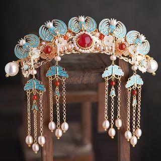Faux Gemstone Freshwater Pearl Fringed Headpiece Aqua Blue & Red - One Size