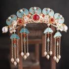 Faux Gemstone Freshwater Pearl Fringed Headpiece Aqua Blue & Red - One Size