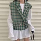 Long-sleeve T-shirt / Plaid Double Breasted Vest