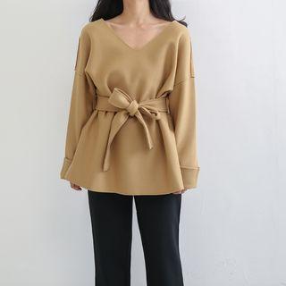 V-neck Tie Waist Long-sleeve Top
