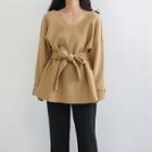 V-neck Tie Waist Long-sleeve Top