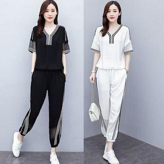 Set: Short-sleeve Contrast Trim T-shirt + Cropped Harem Pants