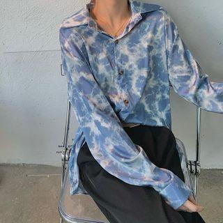 Long-sleeve Tie-dye Print Shirt Blue & White - One Size