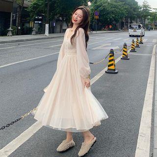 Long-sleeve Button-up Mesh Midi Skirt