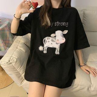 Short-sleeve Beaded Cow Print T-shirt