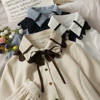 Ribbon-neckline Colorblock Shirt