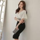 Elbow-sleeve V-neck Midi Sheath Dress