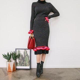 Set: Mock-neck Rib-knit Top + Frilled Midi Mermaid Skirt