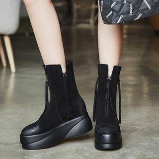 Genuine Leather Zipper Accent Platform Ankle Boots