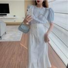Short-sleeve Lace Trim Plain Blouse / Midi Skirt