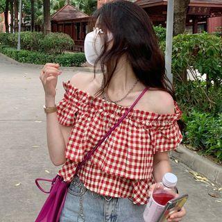 Off-shoulder Plaid Crop Top Shirt - One Size