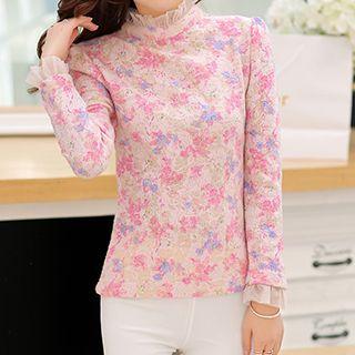 Floral Print Lace Trim Long-sleeve Top