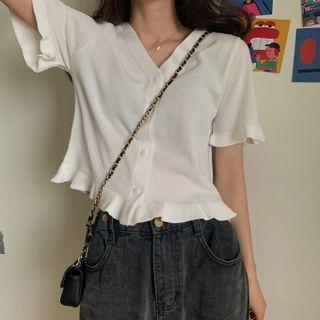 Elbow-sleeve Ruffled Cardigan