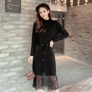 Lace Panel Knit Midi A-line Dress