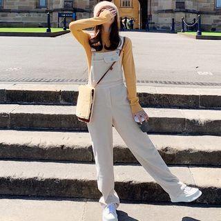 Set: Long-sleeve Lettering Knit Top + Plain Denim Jumper Pants