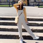 Set: Long-sleeve Lettering Knit Top + Plain Denim Jumper Pants