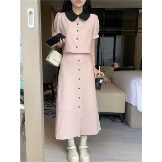 Short-sleeve Two-tone Cropped Blouse / High-waist Midi Skirt
