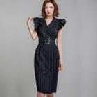 Pinstriped Ruffle-sleeve Double-breasted Dress