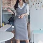 Set: Plain Shirt + Ribbed Vest + Midi Pencil Skirt